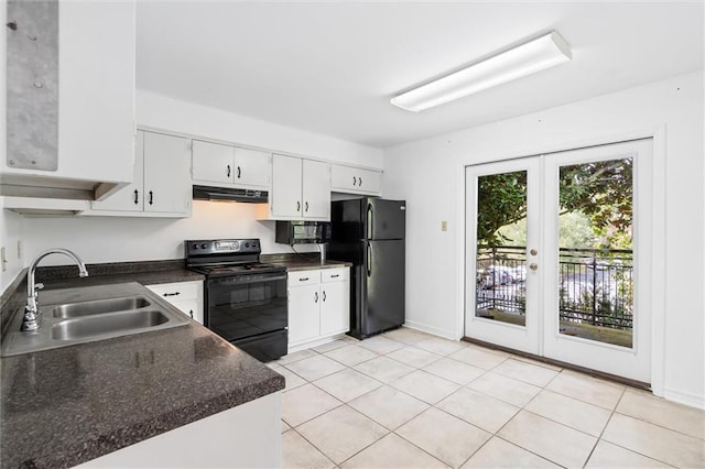 kitchen featuring white cabinets, light tile patterned floors, black appliances, french doors, and sink