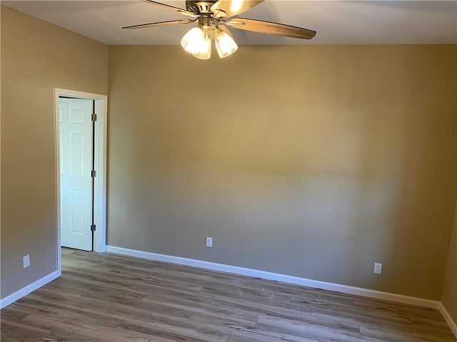 empty room featuring ceiling fan and light hardwood / wood-style flooring