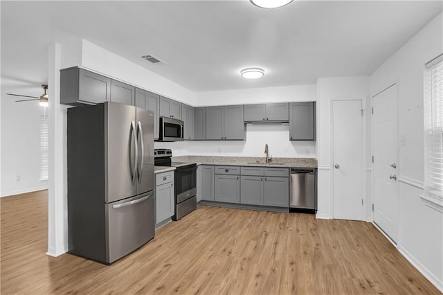 kitchen with stainless steel appliances, ceiling fan, a sink, gray cabinetry, and visible vents