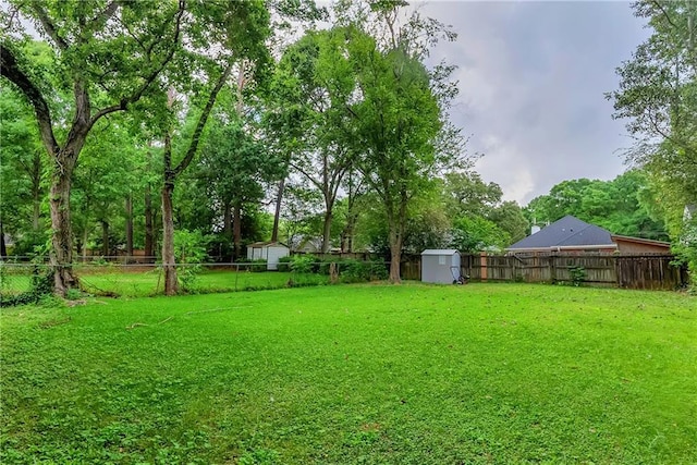 view of yard featuring an outdoor structure, a shed, and a fenced backyard