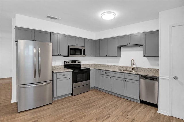 kitchen with light wood finished floors, a sink, stainless steel appliances, visible vents, and gray cabinetry