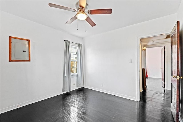 unfurnished room with electric panel, ceiling fan, and dark wood-type flooring