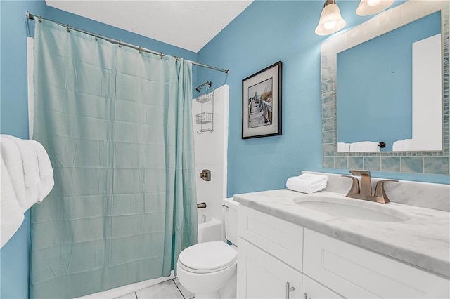 full bathroom with toilet, tile patterned flooring, shower / tub combo with curtain, and vanity