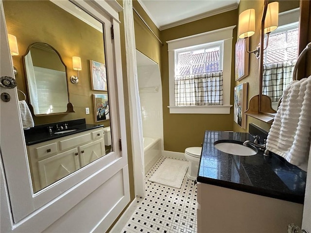 full bathroom featuring vanity,  shower combination, ornamental molding, and toilet