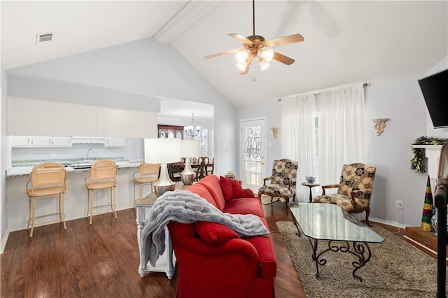 living room with sink, high vaulted ceiling, dark hardwood / wood-style floors, beamed ceiling, and ceiling fan with notable chandelier