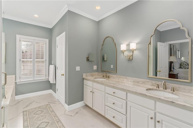 full bath featuring marble finish floors, ornamental molding, double vanity, baseboards, and recessed lighting