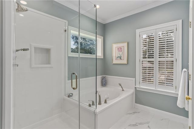 bathroom with a stall shower, a garden tub, crown molding, marble look tiles, and baseboards
