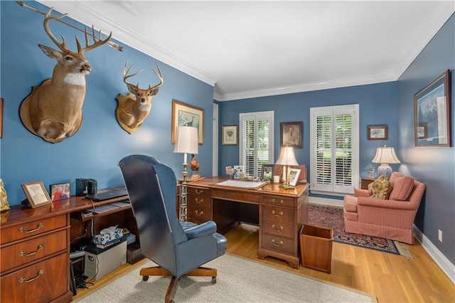 office space with wood finished floors, ornamental molding, and baseboards
