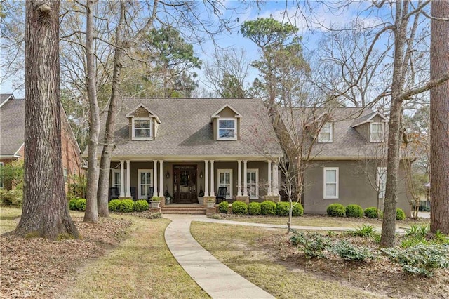 new england style home with a porch, stucco siding, and roof with shingles