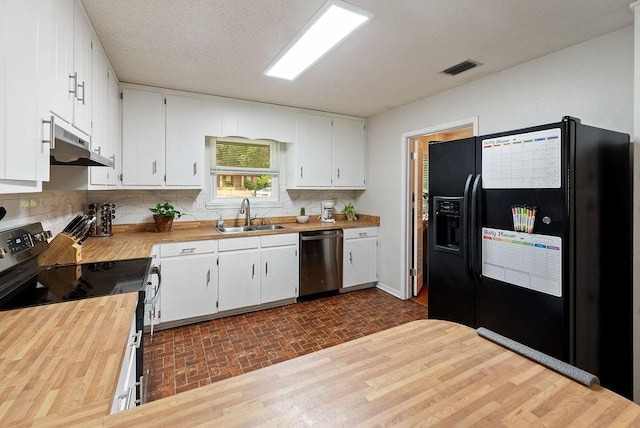 2808 Westmoor Ct, Mobile, AL 36695 - kitchen featuring dishwasher, under cabinet range hood, a sink, electric stove, and black refrigerator with ice dispenser