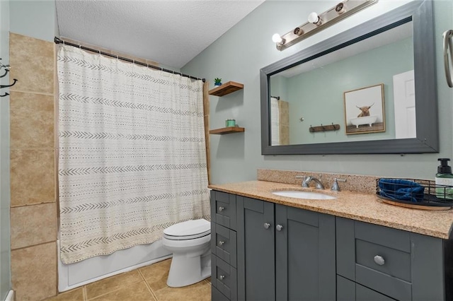 full bath featuring vanity, tile patterned flooring, a textured ceiling, toilet, and shower / tub combo with curtain