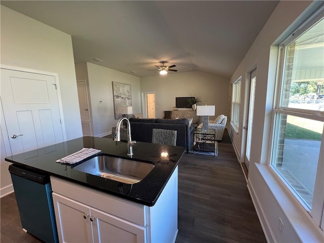 9198 Ofallon Dr N, Mobile, AL 36695 - kitchen with a sink, lofted ceiling, dark wood-type flooring, dishwashing machine, and white cabinets