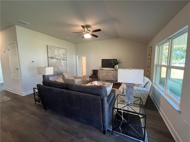 9198 Ofallon Dr N, Mobile, AL 36695 - living area featuring vaulted ceiling, baseboards, dark wood finished floors, and a ceiling fan