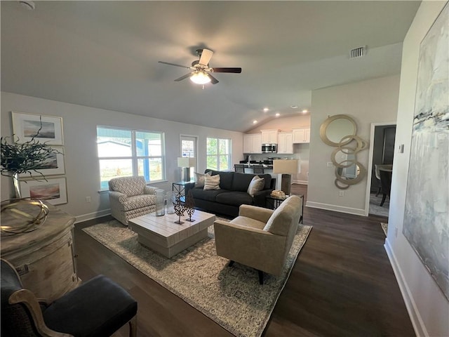 9198 Ofallon Dr N, Mobile, AL 36695 - living area with lofted ceiling, a ceiling fan, baseboards, dark wood finished floors, and recessed lighting