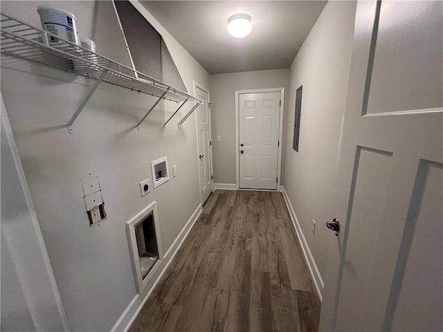 laundry room with hookup for a washing machine, baseboards, hookup for an electric dryer, laundry area, and dark wood-style flooring