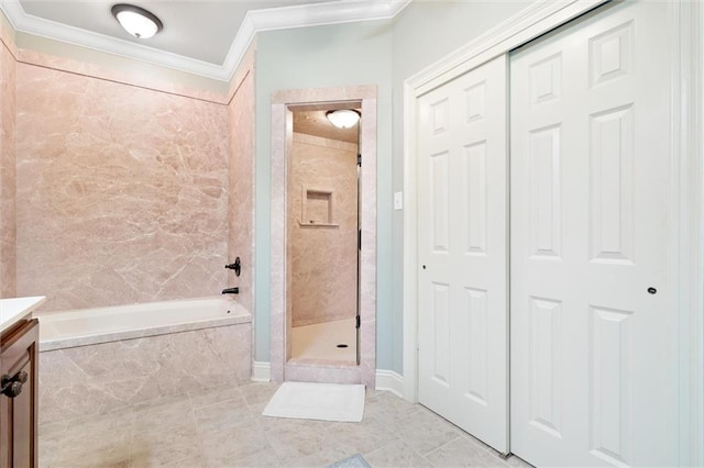 full bathroom with a garden tub, vanity, a shower stall, and crown molding
