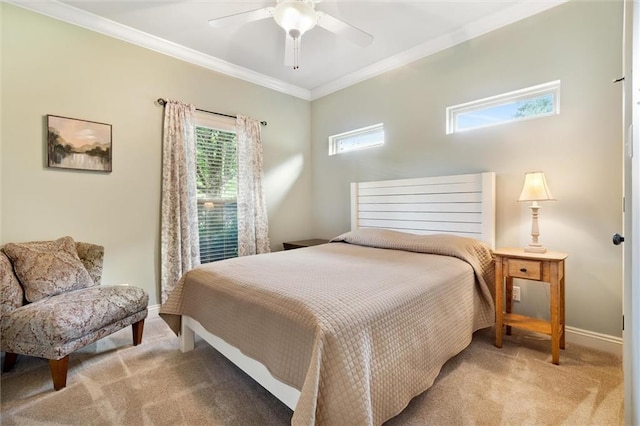 bedroom featuring ceiling fan, baseboards, carpet, and ornamental molding