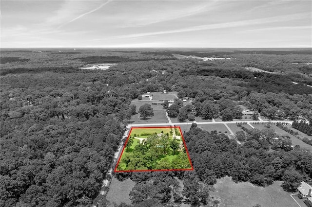 aerial view featuring a wooded view