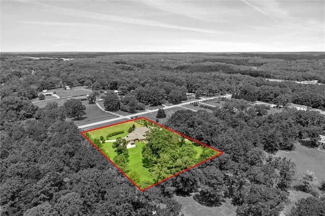 drone / aerial view with a wooded view