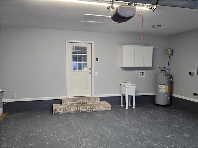 garage with water heater and a garage door opener