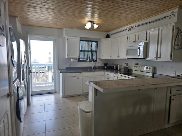 kitchen featuring wooden ceiling, white appliances, kitchen peninsula, and sink