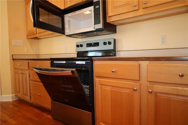 kitchen featuring baseboards, stainless steel electric range, and dark wood-style flooring