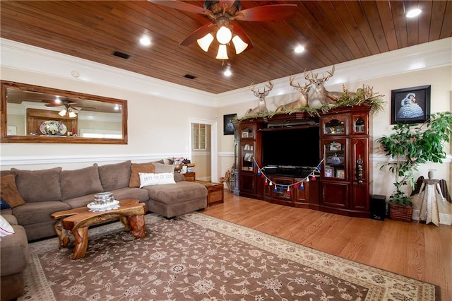 living room featuring ceiling fan, wood ceiling, light hardwood / wood-style flooring, and ornamental molding