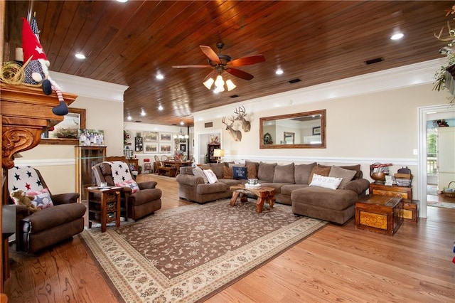 living room featuring wood ceiling, ceiling fan, light hardwood / wood-style floors, and crown molding