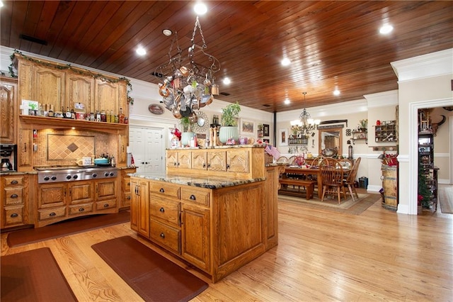 kitchen featuring backsplash, a chandelier, ornamental molding, light hardwood / wood-style floors, and wooden ceiling