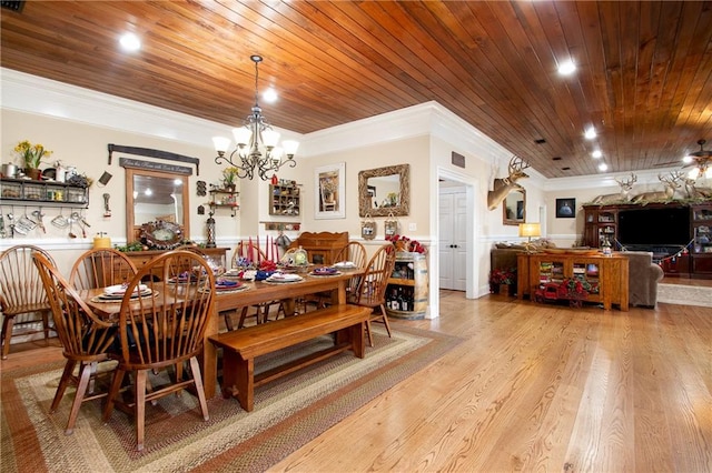 dining space with light wood-type flooring, wood ceiling, and an inviting chandelier