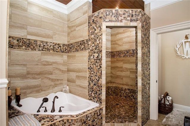 bathroom featuring tile walls, separate shower and tub, and crown molding