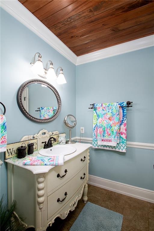 bathroom featuring tile patterned floors, crown molding, vanity, and wood ceiling