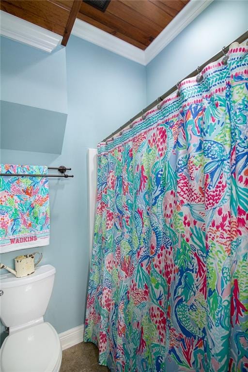 bathroom featuring toilet and wooden ceiling