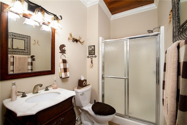 bathroom featuring a shower with door, wood ceiling, toilet, vanity, and ornamental molding