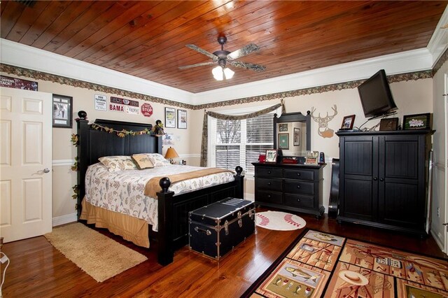 bedroom with ceiling fan, crown molding, dark wood-type flooring, and wood ceiling