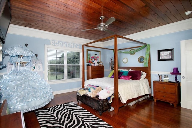 bedroom featuring ceiling fan, crown molding, dark hardwood / wood-style floors, and wooden ceiling