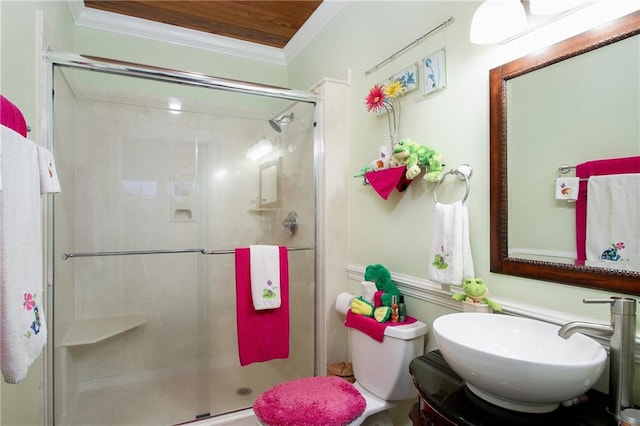 bathroom with crown molding, vanity, wooden ceiling, and a shower with shower door