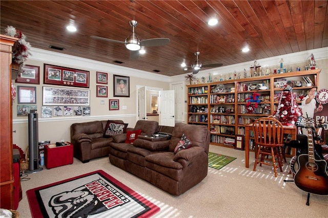 living room with carpet, crown molding, wooden ceiling, and ceiling fan