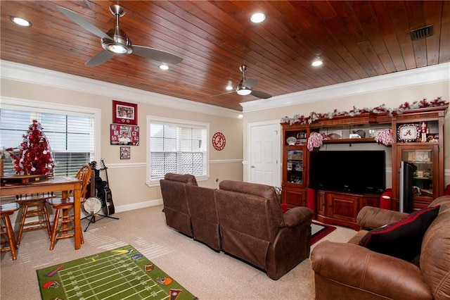 carpeted living room featuring wood ceiling, ceiling fan, and crown molding