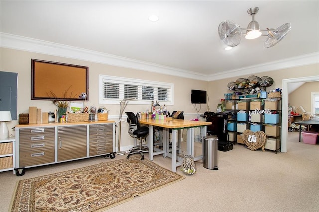 office area with light carpet, crown molding, and electric panel