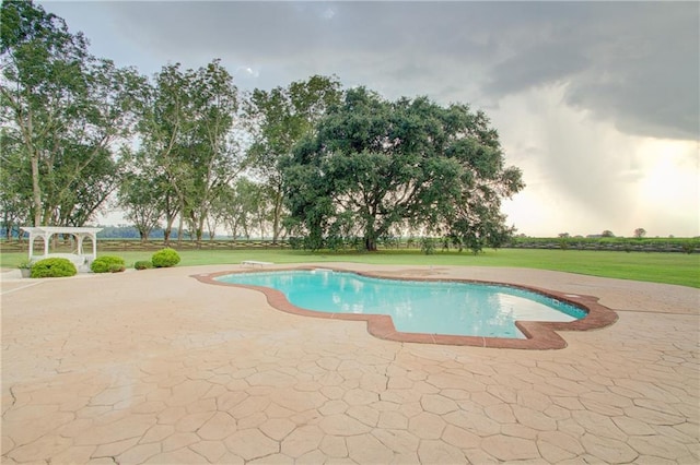 view of swimming pool with a lawn and a patio