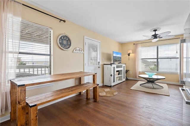 dining area featuring ceiling fan and dark wood-type flooring