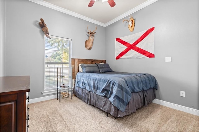 bedroom with ceiling fan, crown molding, and light colored carpet