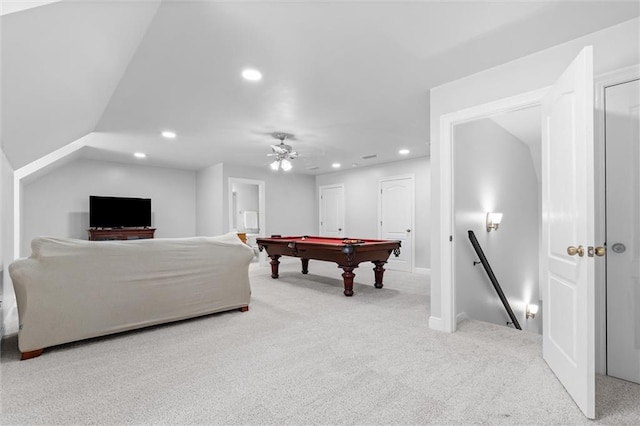 recreation room with ceiling fan, pool table, and light colored carpet