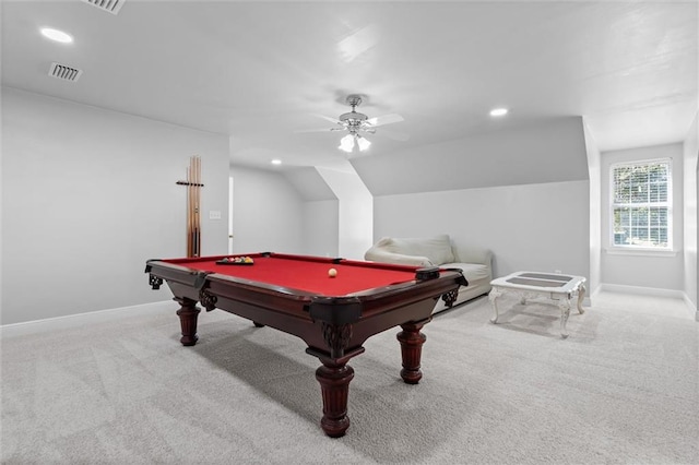 game room with pool table, light colored carpet, vaulted ceiling, and ceiling fan