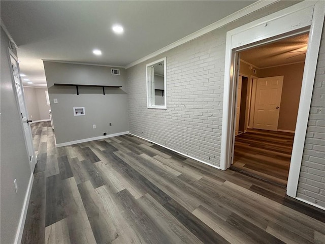 interior space featuring crown molding, dark wood-style floors, and visible vents