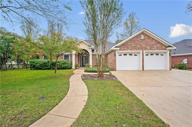 single story home with a garage and a front lawn