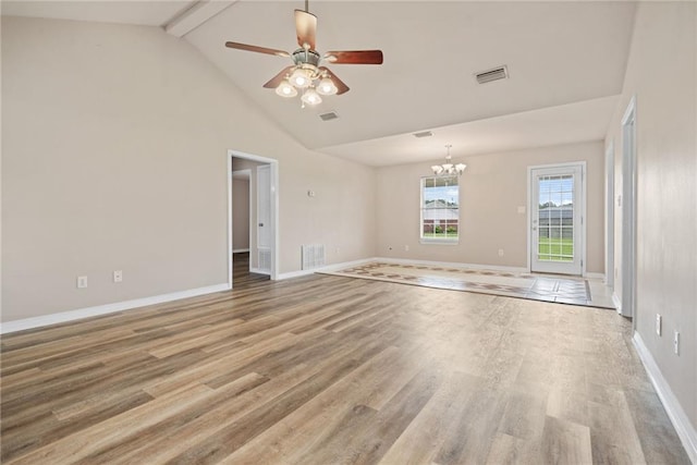 10966 Brighton Dr W, Chunchula, AL 36521 - unfurnished room with light wood finished floors, high vaulted ceiling, baseboards, beam ceiling, and a chandelier