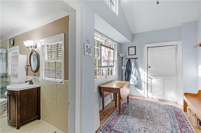 bathroom with toilet, tile walls, vanity, and a healthy amount of sunlight