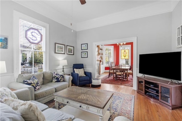 living area featuring ceiling fan with notable chandelier, light wood-type flooring, and crown molding